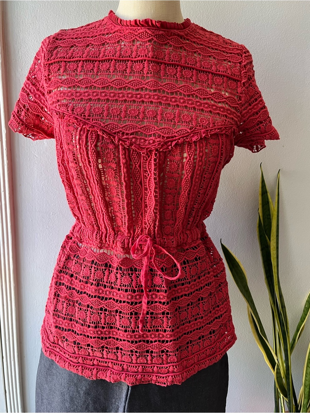 Carolina K• Tomato Red Crochet Sweater Top•Sz M
